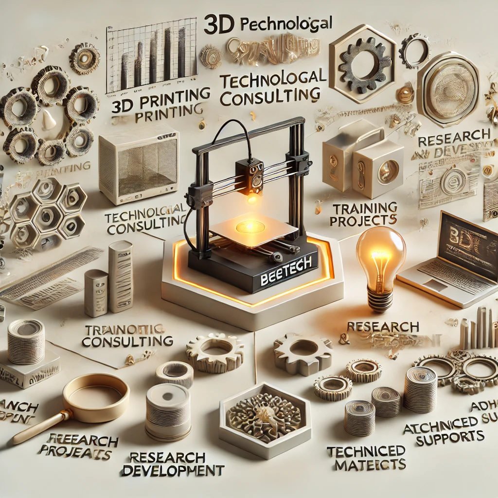 DALL·E 2024-07-05 19.08.59 - A high-quality, neutral image representing various services offered by BEETECH. The image features elements of 3D printing, technological consulting,